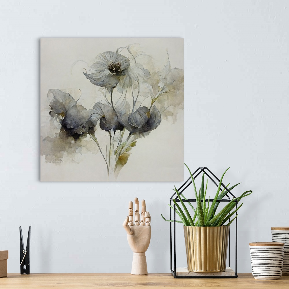 A bohemian room featuring Gray watercolor flowers.