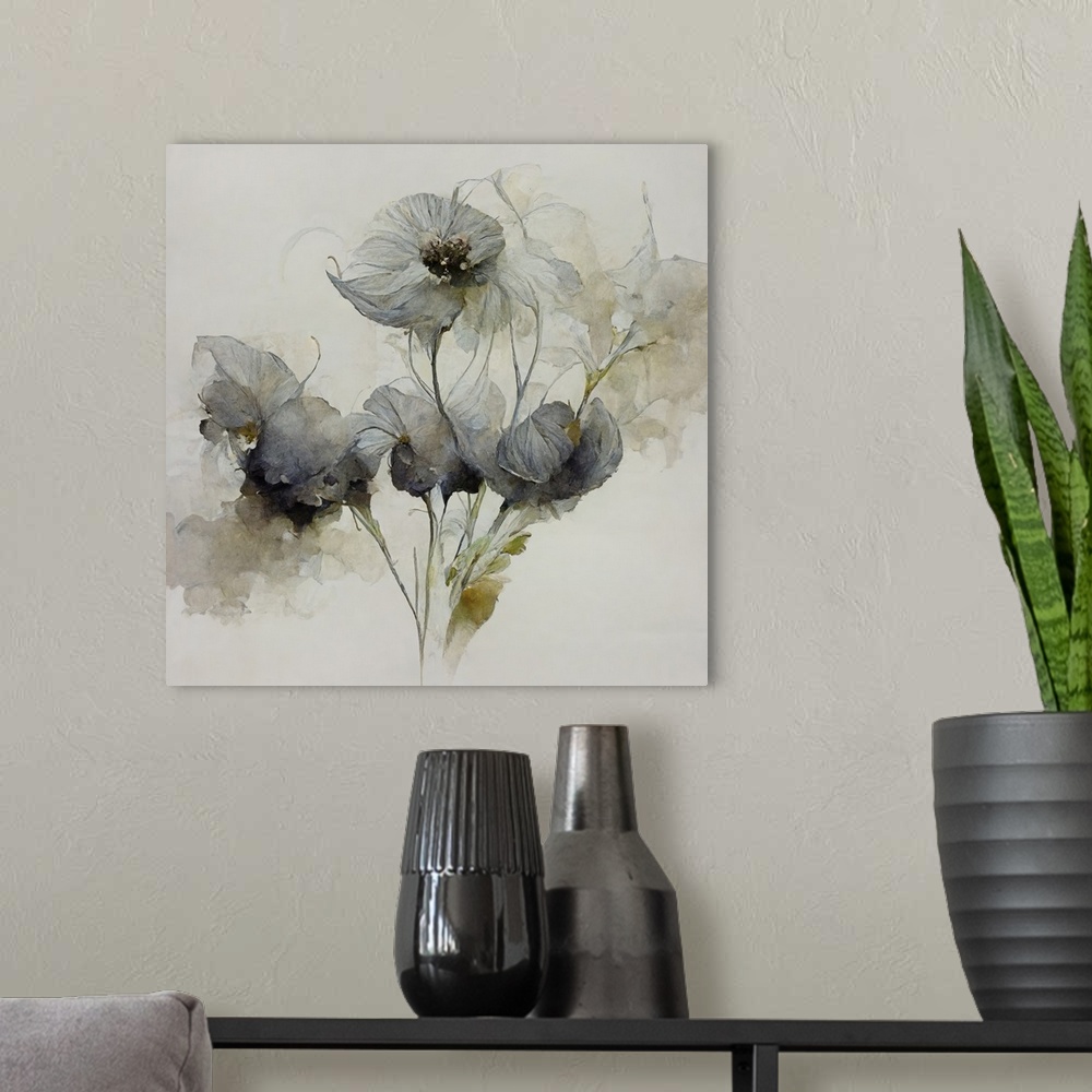 A modern room featuring Gray watercolor flowers.