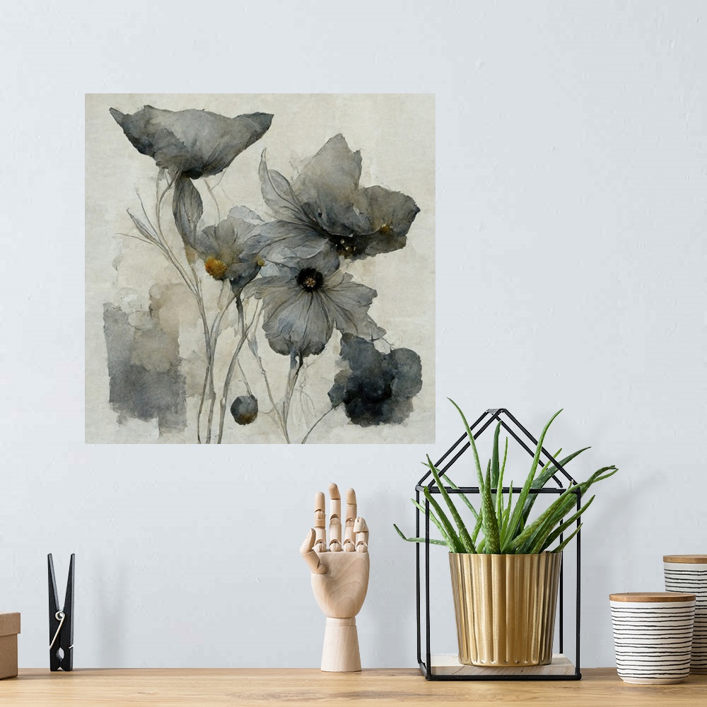 A bohemian room featuring Gray, blue and gold abstract florals in watercolor.