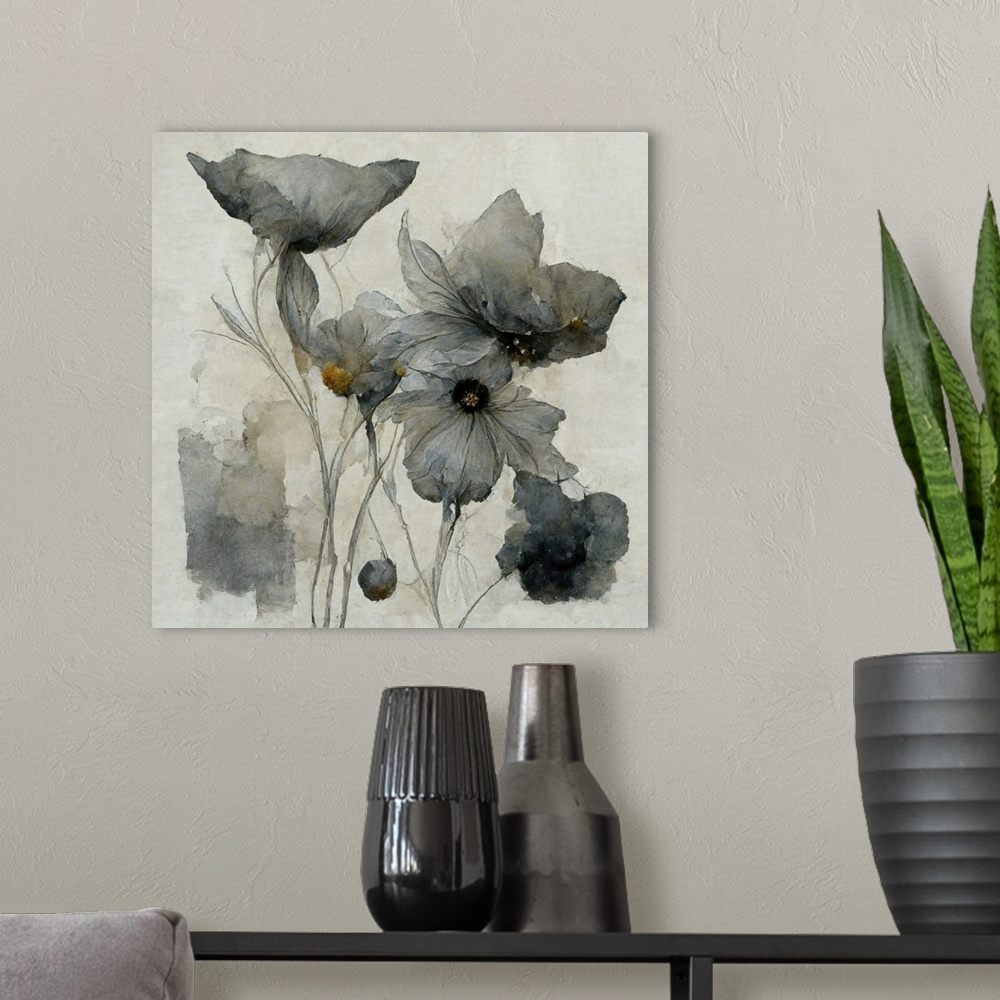 A modern room featuring Gray, blue and gold abstract florals in watercolor.
