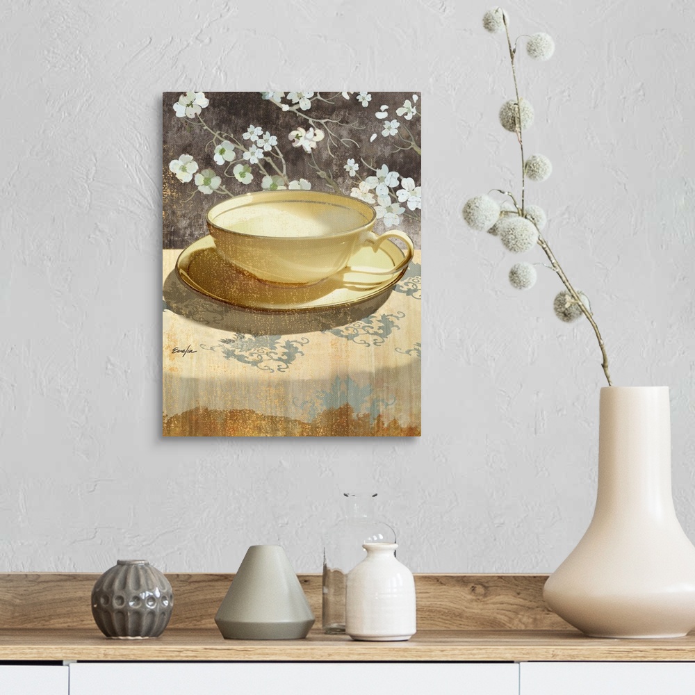 A farmhouse room featuring Contemporary artwork of a golden teacup sitting on a floral tablecloth.