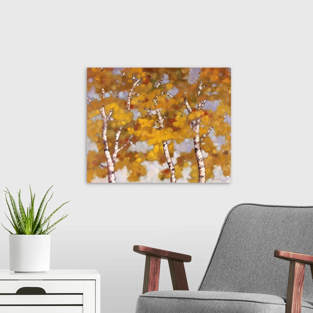 A modern room featuring Contemporary painting of slender birch trees filled with orange leaves in the fall.