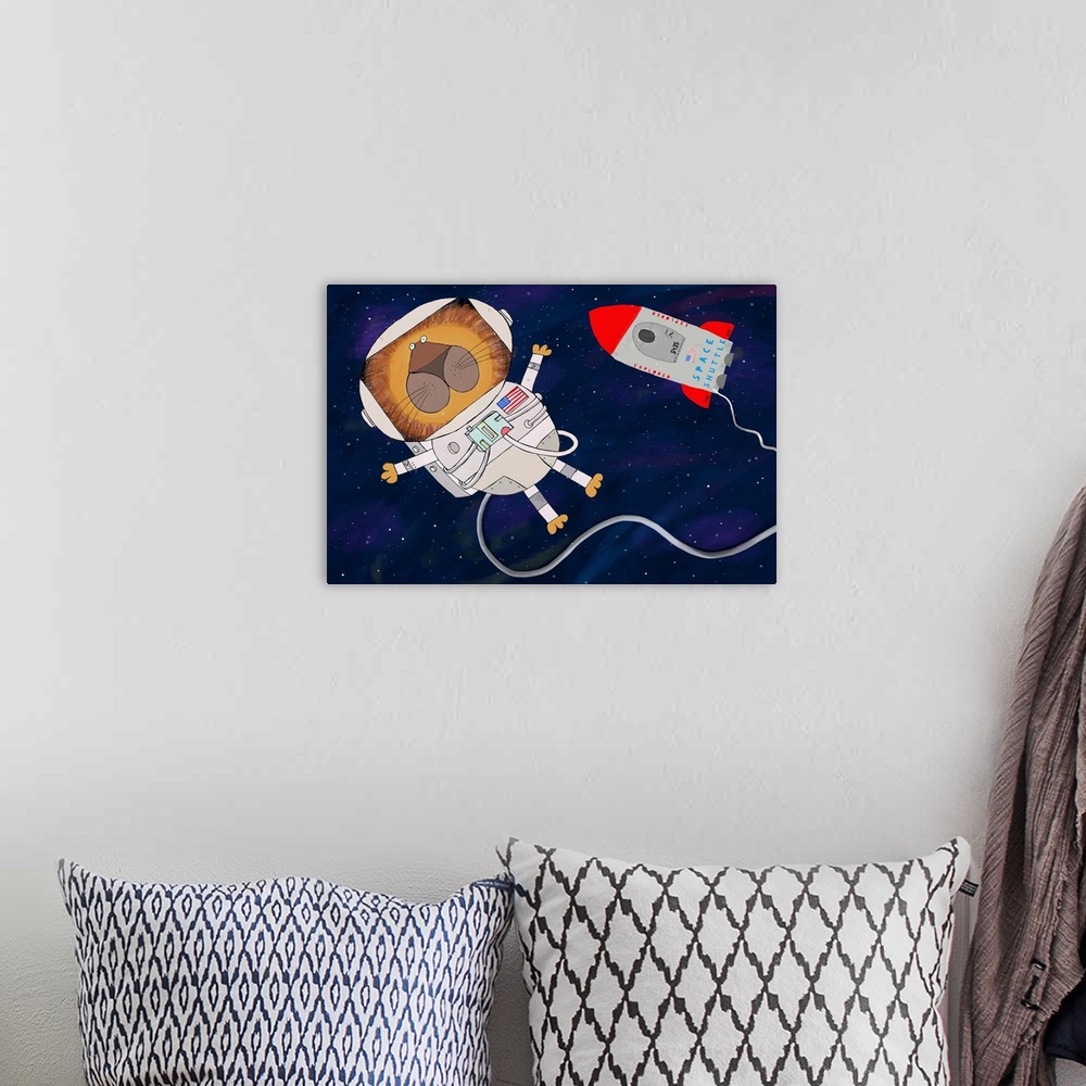 A bohemian room featuring Illustrated art of spaceman and spaceship by artist Carla Daly.