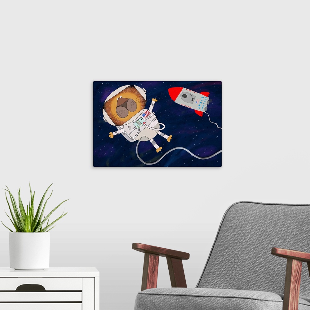 A modern room featuring Illustrated art of spaceman and spaceship by artist Carla Daly.