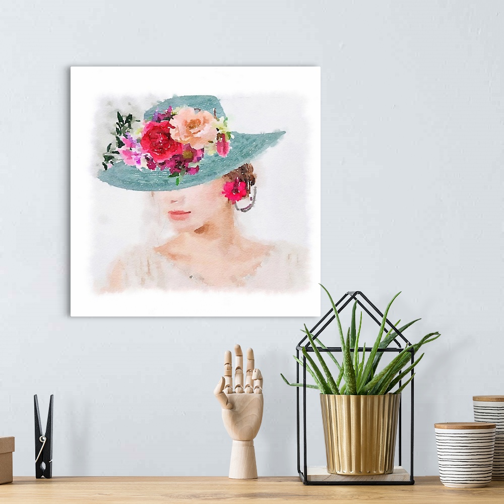 A bohemian room featuring Watercolor portrait of a woman wearing a blue hat decorated with flowers on the brim.