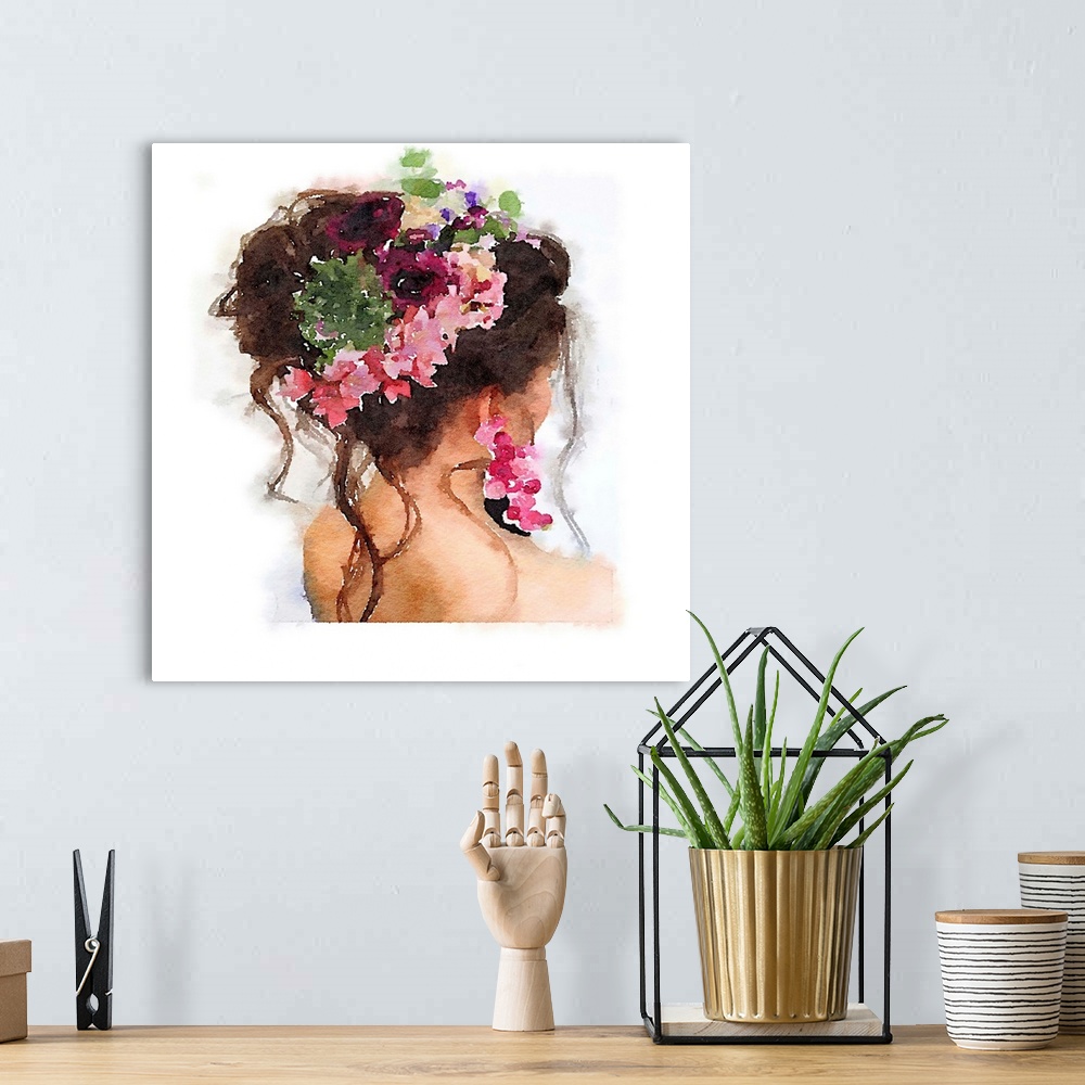 A bohemian room featuring Watercolor portrait of a woman with her hair styled up and decorated with flowers.