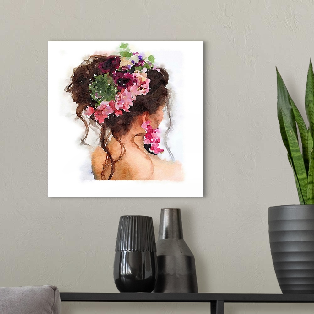 A modern room featuring Watercolor portrait of a woman with her hair styled up and decorated with flowers.