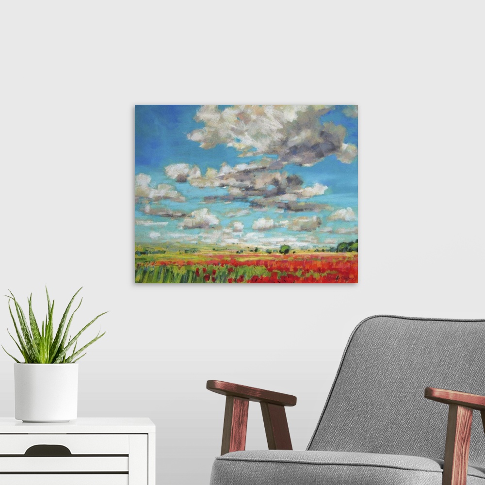 A modern room featuring Hovering clouds and an endless field of poppies hanging on a wall gives any room depth and vibrancy.
