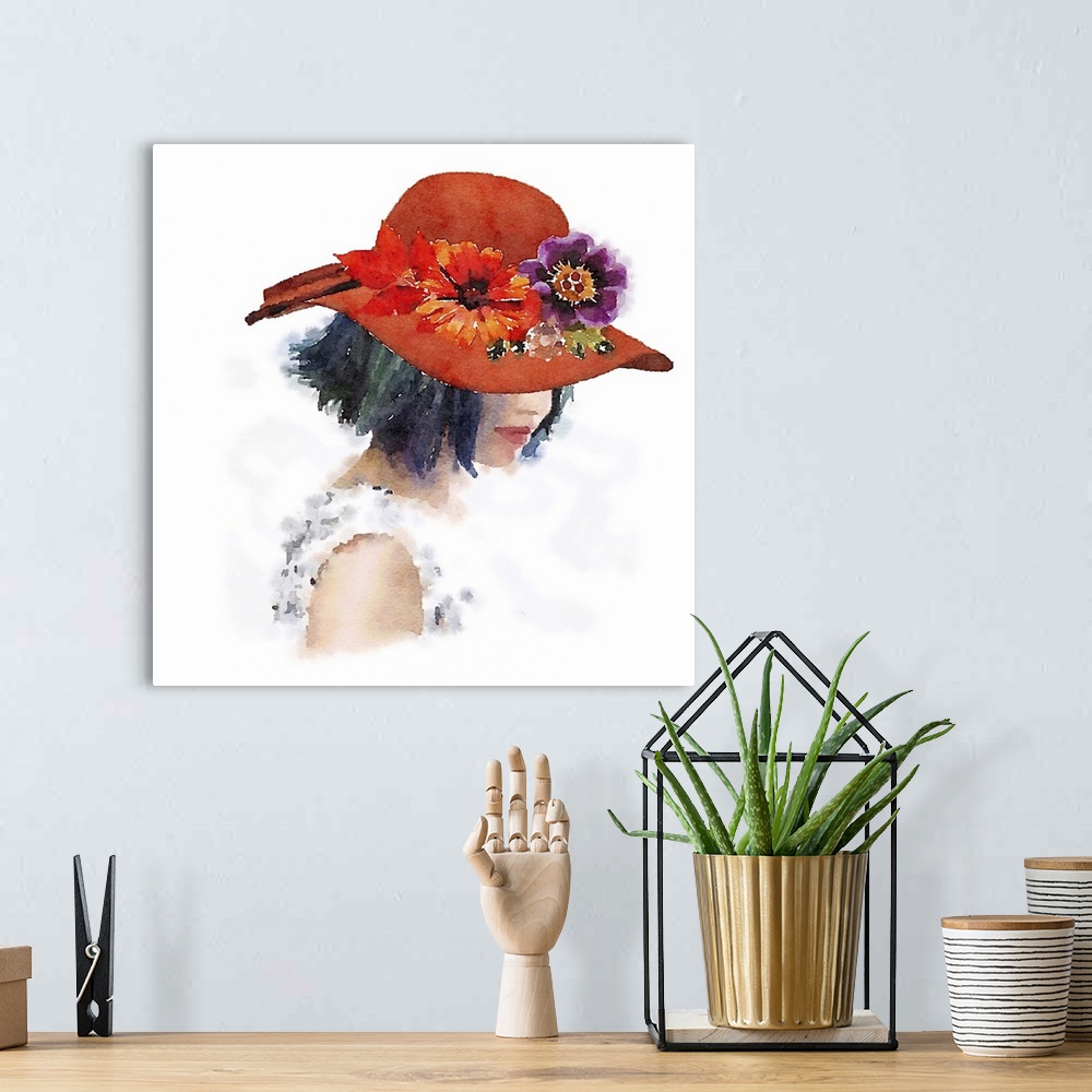 A bohemian room featuring Watercolor portrait of a woman wearing a red hat decorated with flowers on the brim.