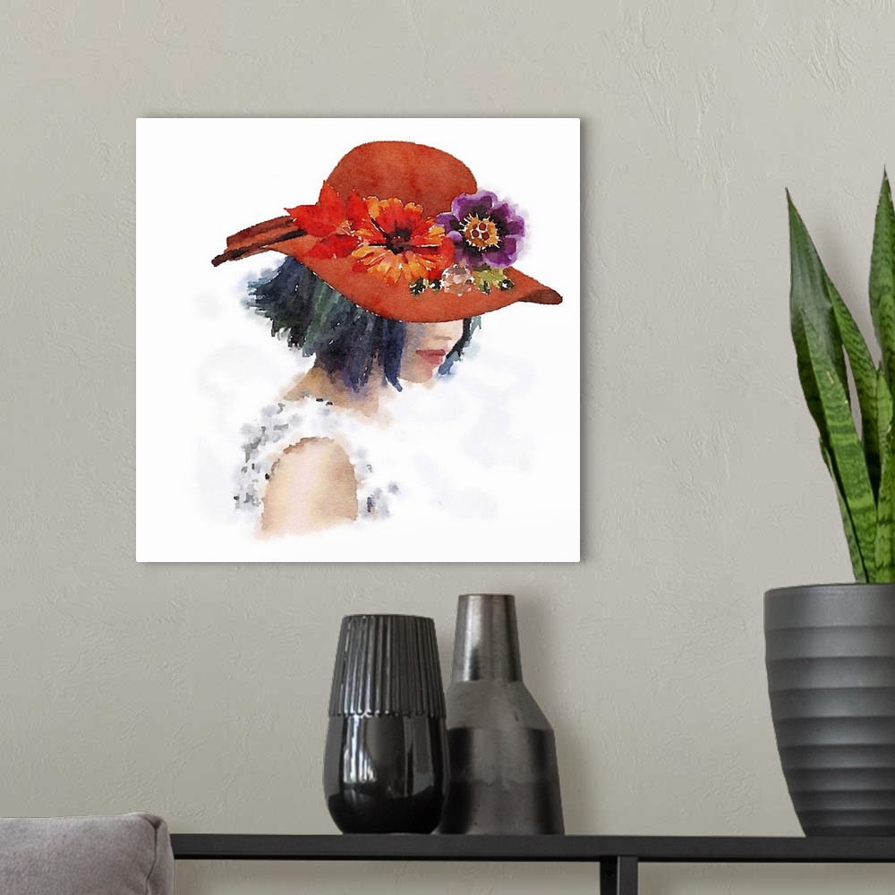 A modern room featuring Watercolor portrait of a woman wearing a red hat decorated with flowers on the brim.