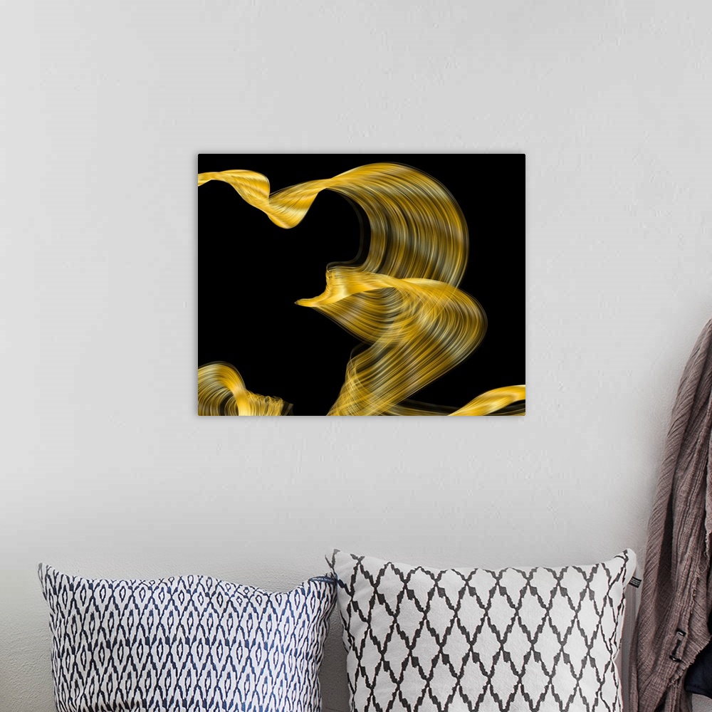 A bohemian room featuring Abstract artwork created by spiraling, swirling lines leaving behind golden trails.