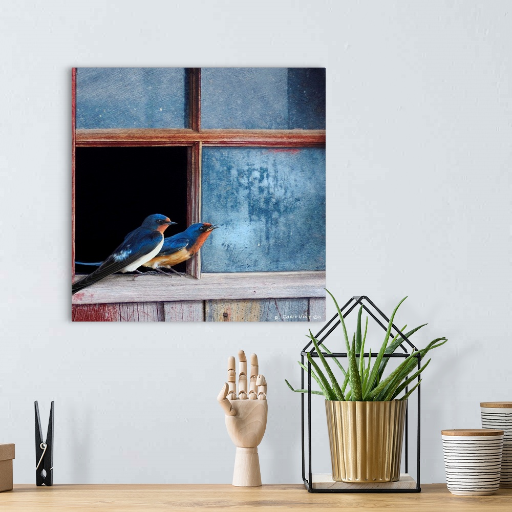 A bohemian room featuring Contemporary artwork of two birds perched on a broken window pane.