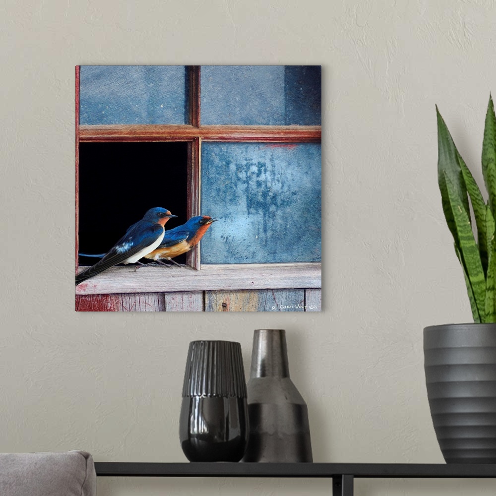 A modern room featuring Contemporary artwork of two birds perched on a broken window pane.