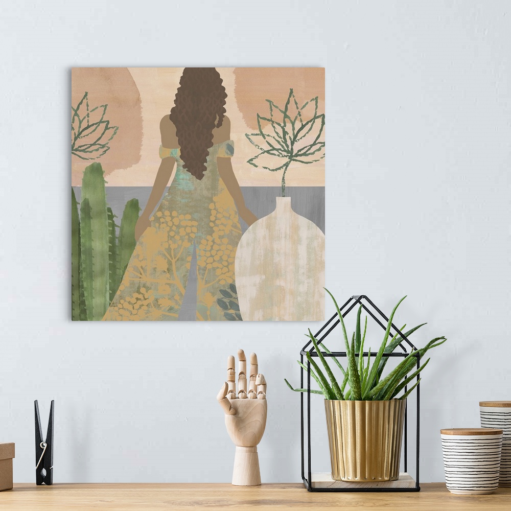 A bohemian room featuring Burnt orange and mustard abstract figurative painting of boho woman in floral dress looking out a...
