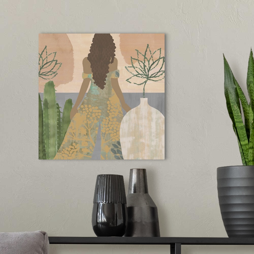 A modern room featuring Burnt orange and mustard abstract figurative painting of boho woman in floral dress looking out a...