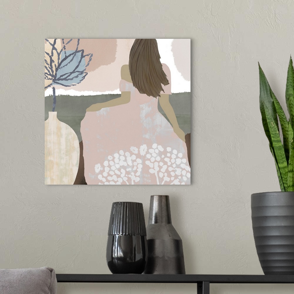A modern room featuring Pastel abstract figurative painting of woman in a pink flowing floral dress.