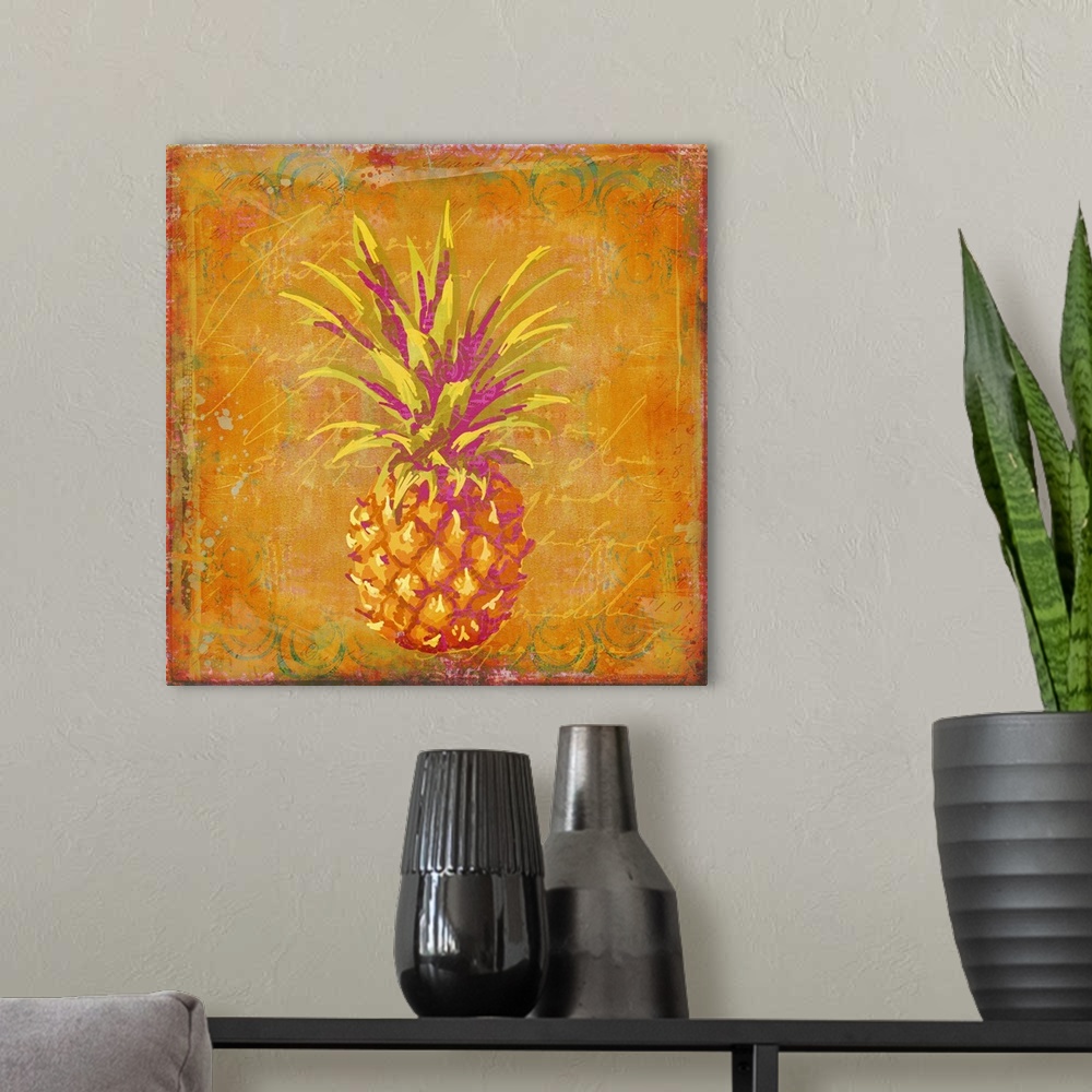 A modern room featuring Tropical vibe mixed media art with pineapple.