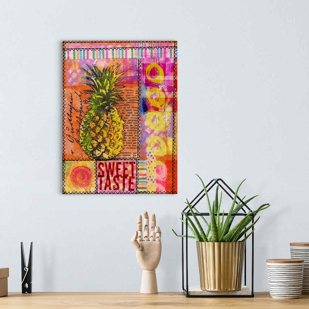A bohemian room featuring Colorful mixed media art with exotic pineapple and text elements.