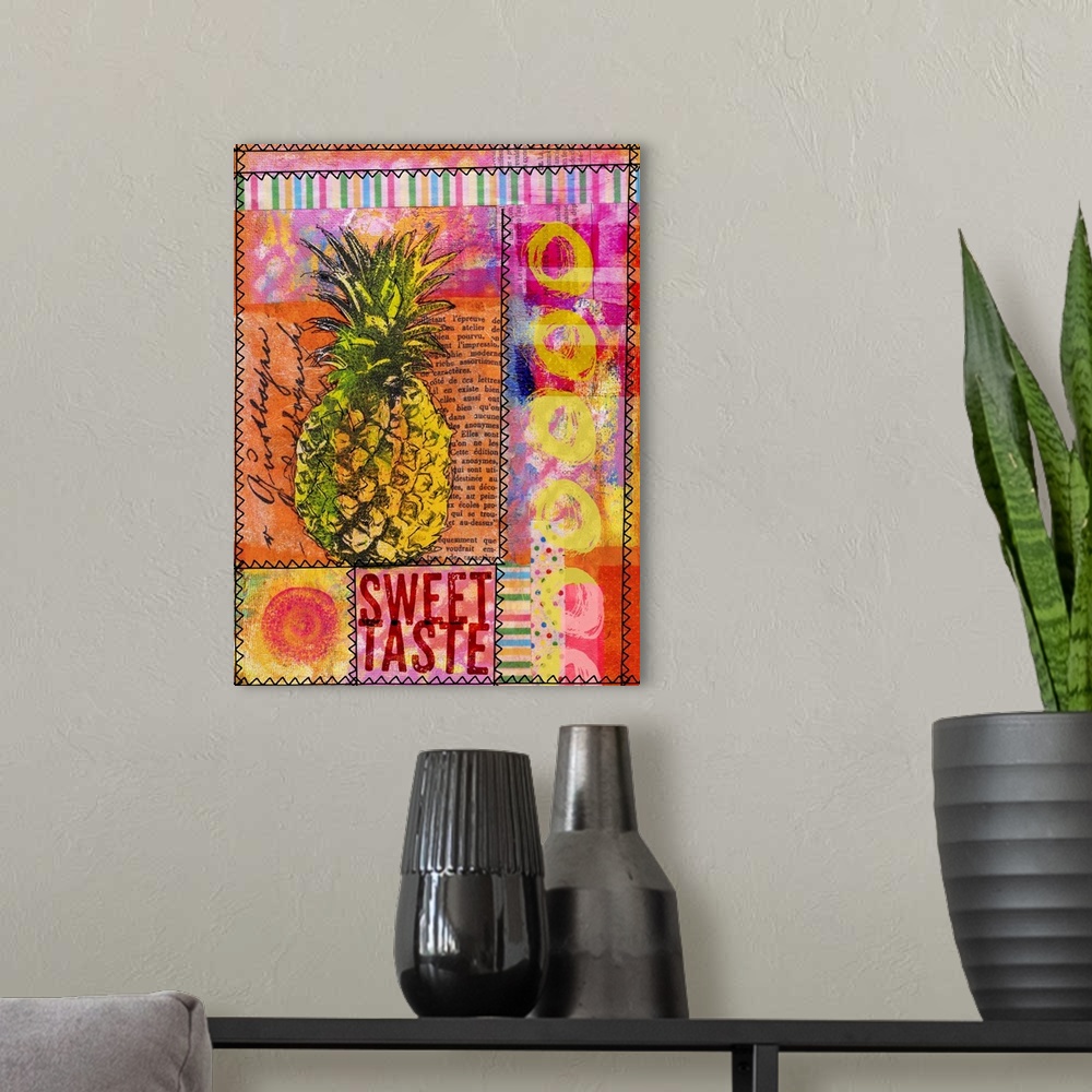 A modern room featuring Colorful mixed media art with exotic pineapple and text elements.