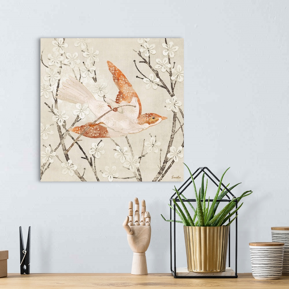 A bohemian room featuring Tangerine Linen Bird