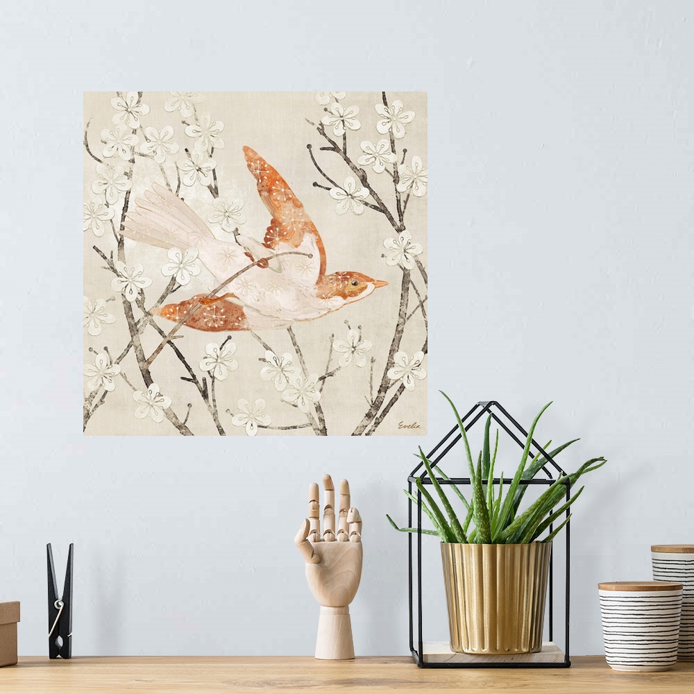 A bohemian room featuring Tangerine Linen Bird