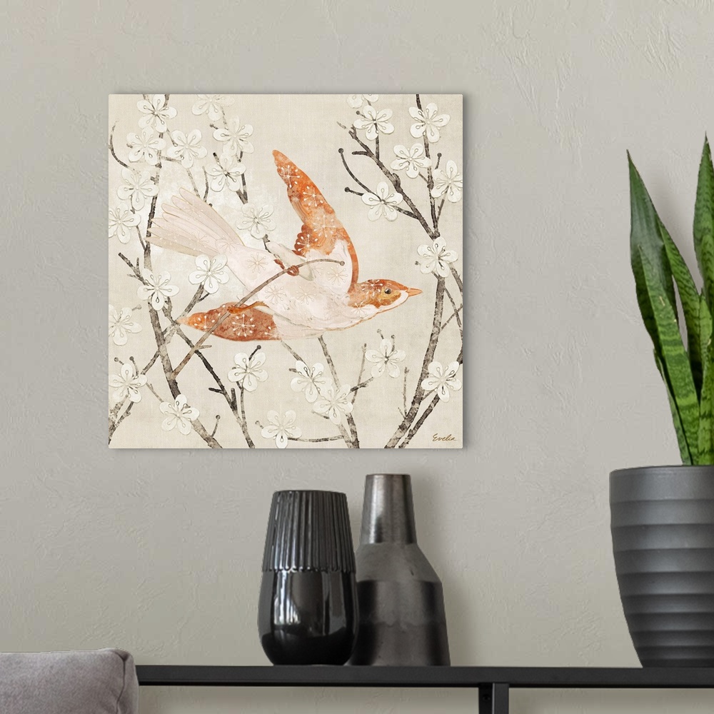 A modern room featuring Tangerine Linen Bird