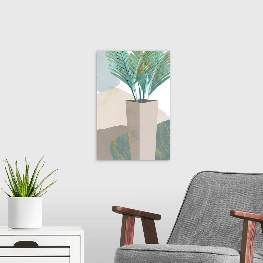 A modern room featuring Abstract painting of a boho palm in green patterns.