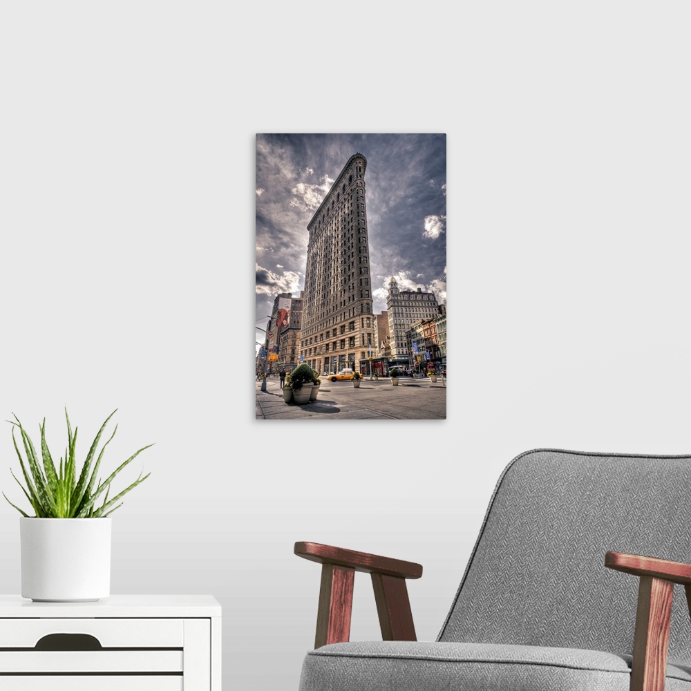 A modern room featuring HDR photograph of the landmark Flatiron building in New York city.