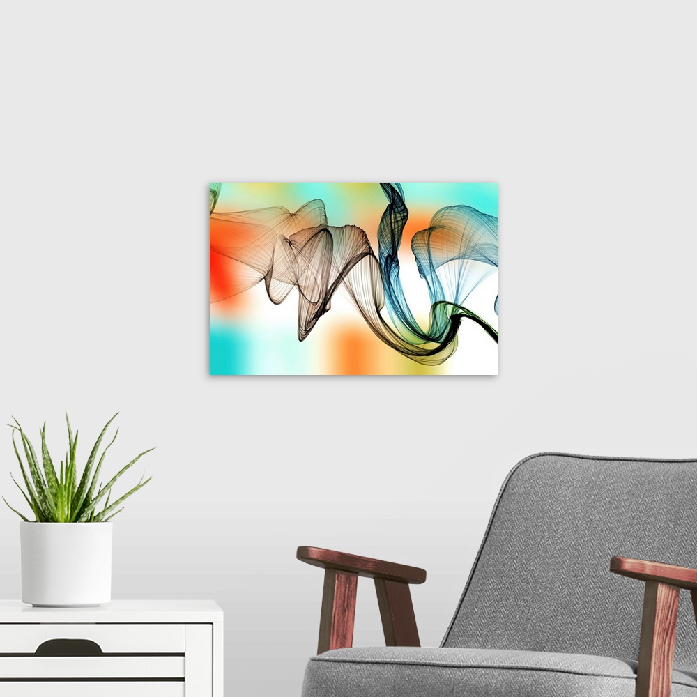 A modern room featuring Abstract artwork created by swirling and flowing vapor.