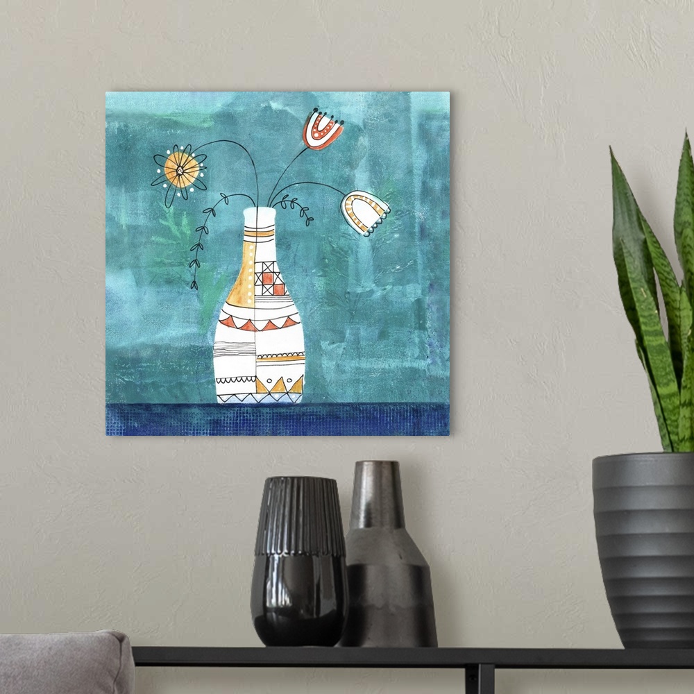 A modern room featuring Whimsical flowers in vase mixed media painting.