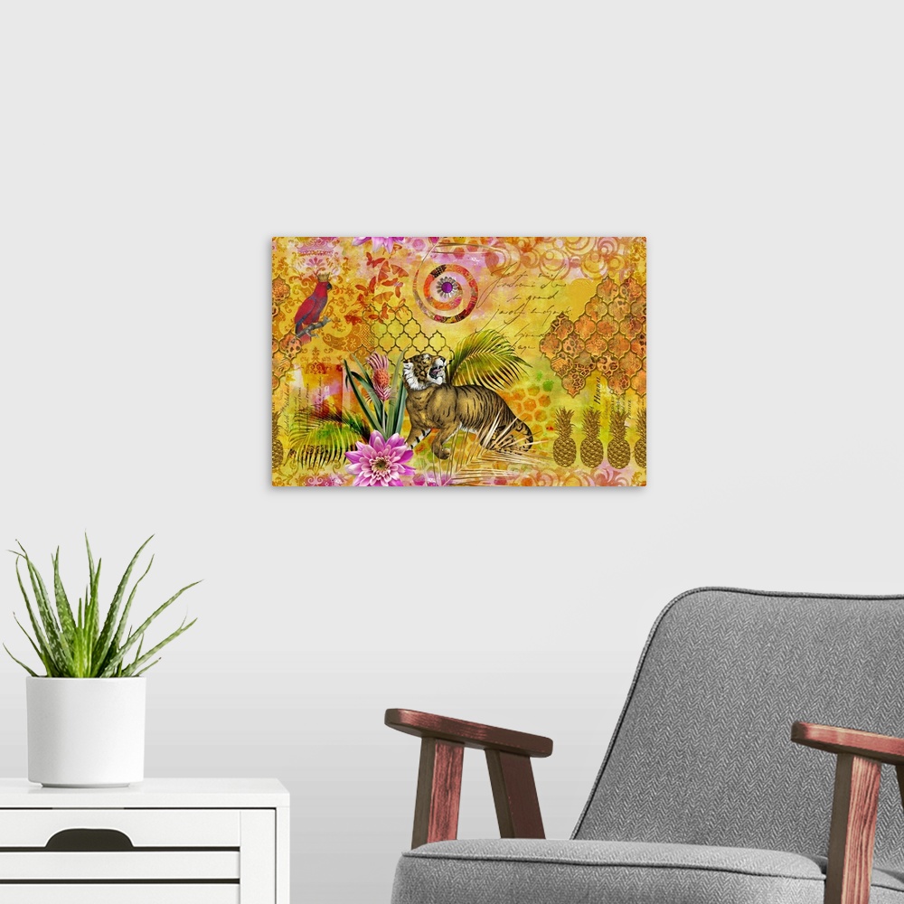 A modern room featuring Retro style mixed media art with tiger, parrot, tropical plants, and ornaments.