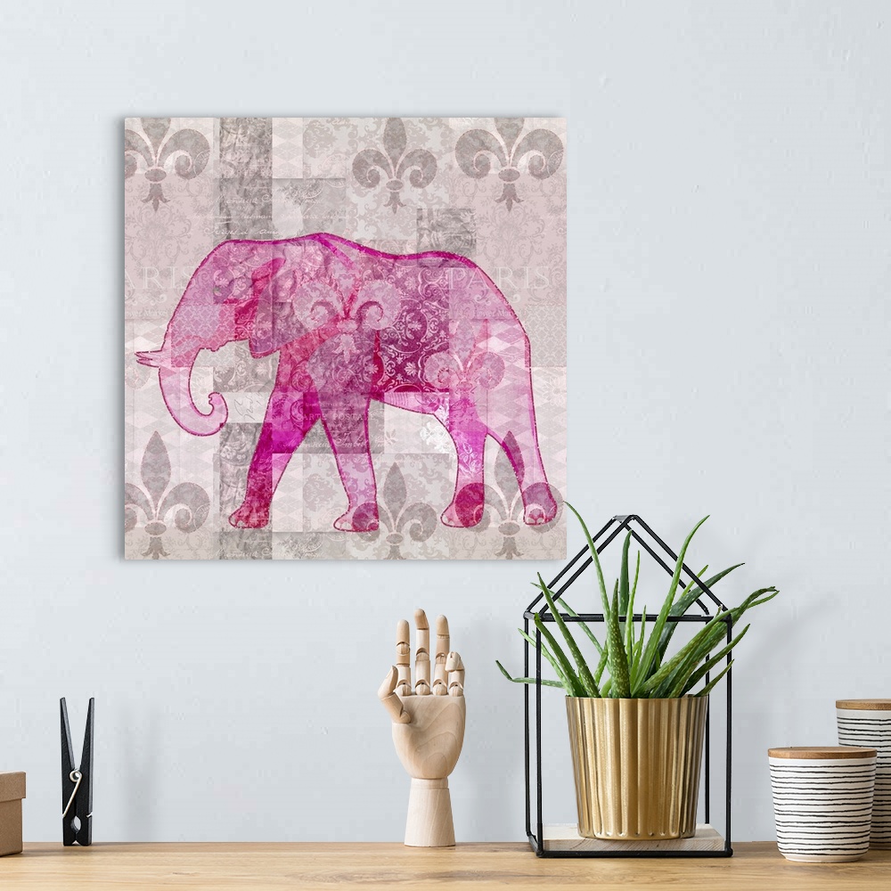 A bohemian room featuring Tropical vibe mixed media art with pink elephant on unique texture.