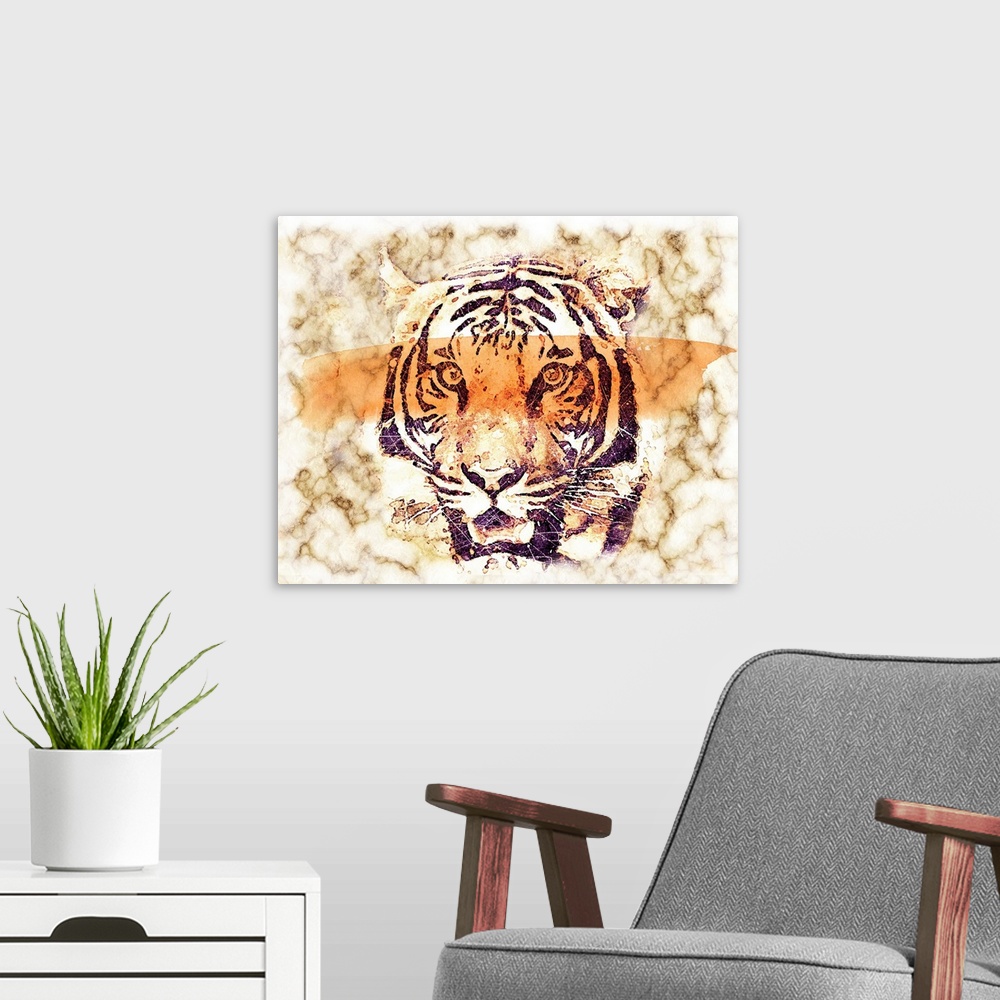 A modern room featuring A dream of a thick forest of Thailand and in it a tiger spirit bringing magic to the world, Souch...