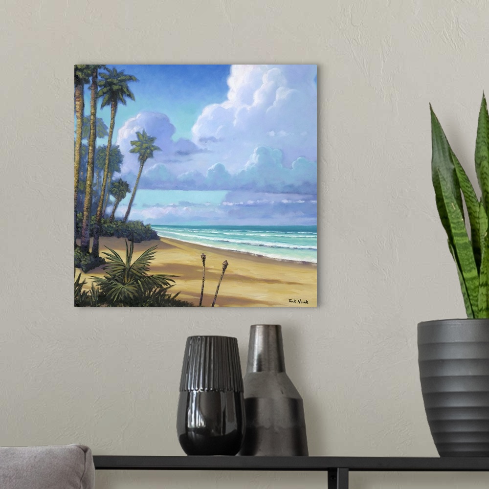 A modern room featuring Escape from everything with this painting of a tropical paradise of endless crystal blue waters a...