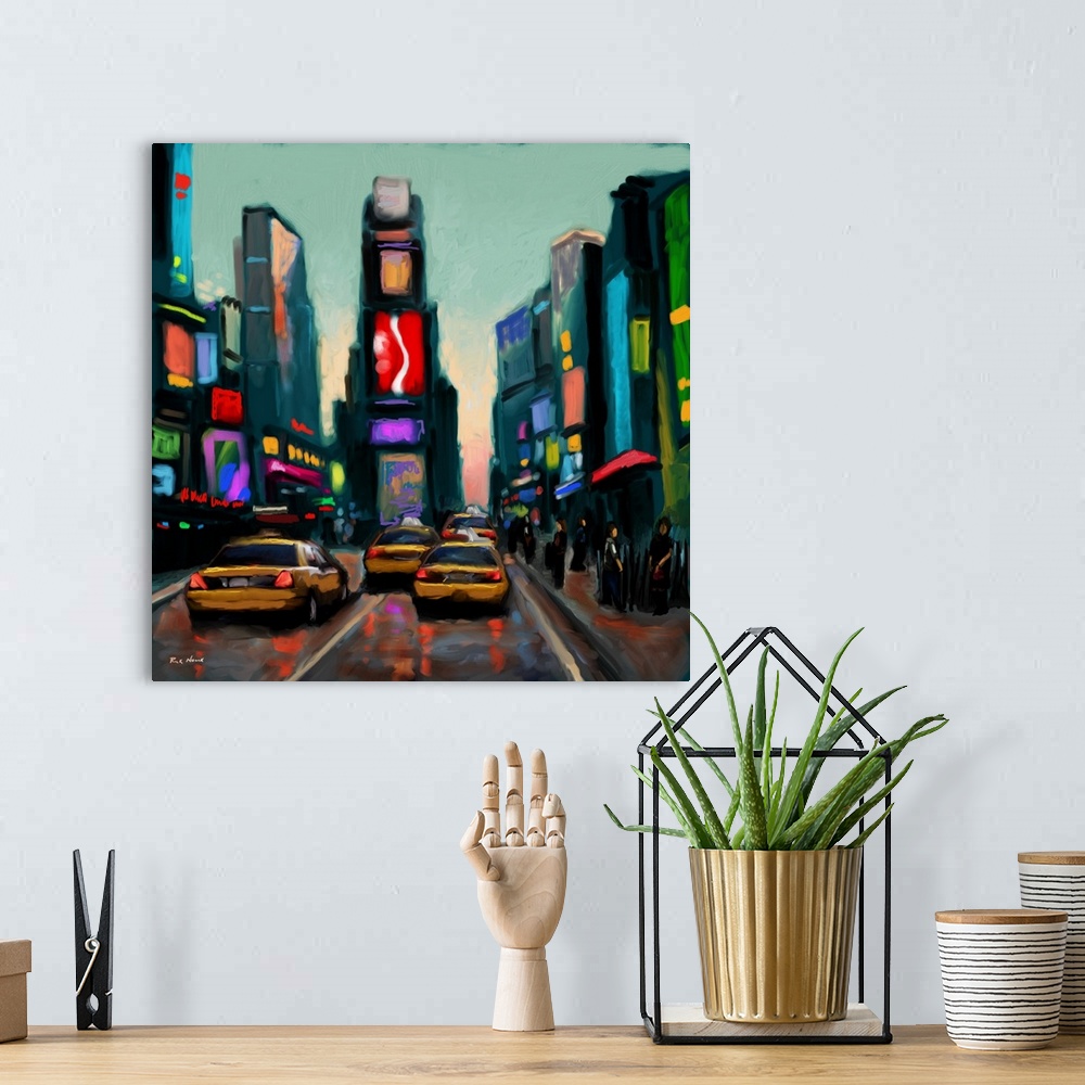 A bohemian room featuring Contemporary art print of taxis in the street in Times Square, lit up with brightly colored adver...
