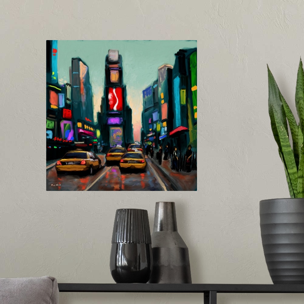 A modern room featuring Contemporary art print of taxis in the street in Times Square, lit up with brightly colored adver...