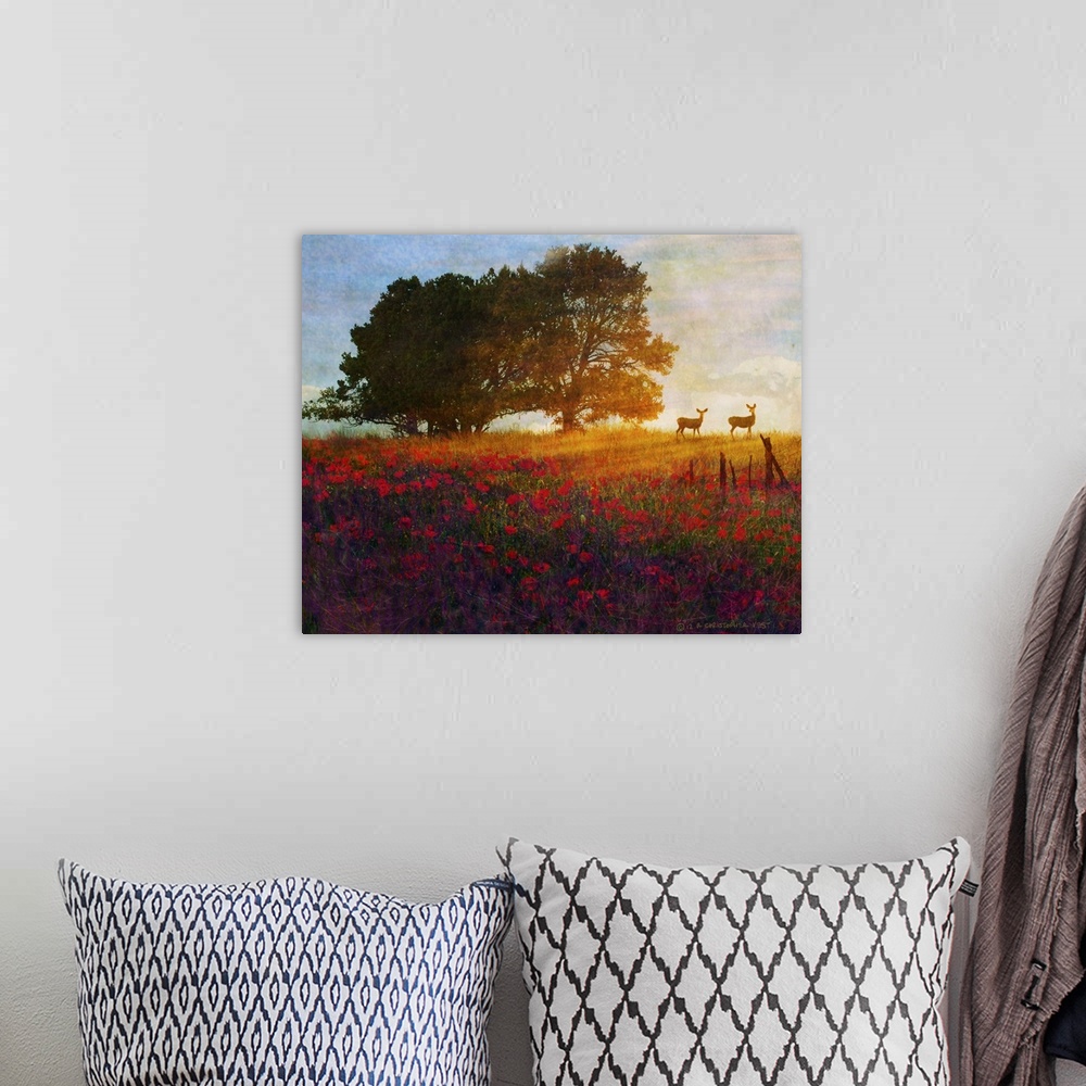 A bohemian room featuring Trees Poppies and Deer II