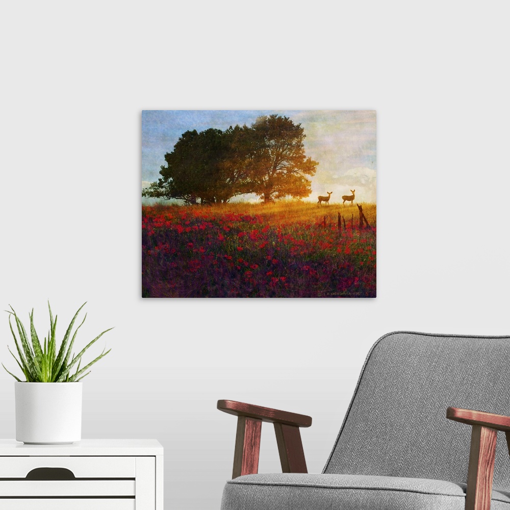 A modern room featuring Trees Poppies and Deer II