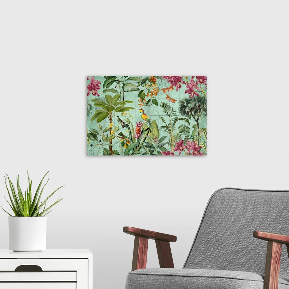 A modern room featuring Vintage style illustration with exotic birds and tropical plants across historic map.