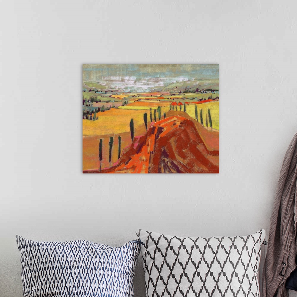 A bohemian room featuring Contemporary painting of an endless landscape in the countryside.