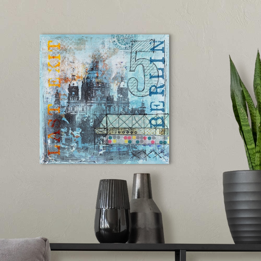 A modern room featuring Mixed media art of Berlin cathedral with text elements in shades of blue.