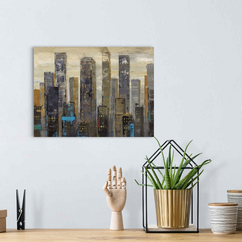 A bohemian room featuring Contemporary painting of a city skyline full of towering skyscrapers.