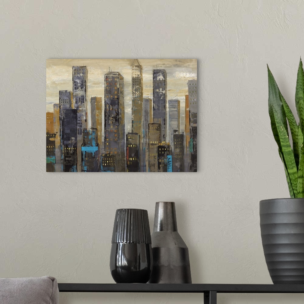 A modern room featuring Contemporary painting of a city skyline full of towering skyscrapers.