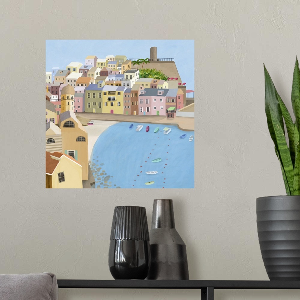 A modern room featuring Vernazza Italy, italian fishing village in La Spezia.