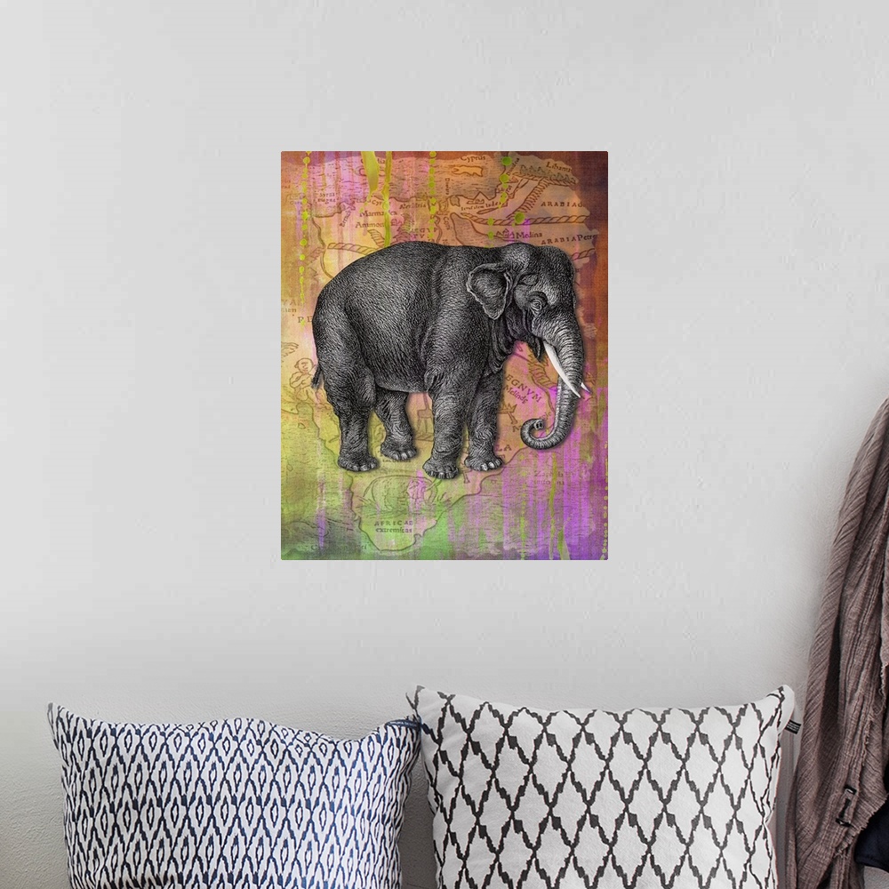 A bohemian room featuring Colourful vintage effect mixed media elephant print.