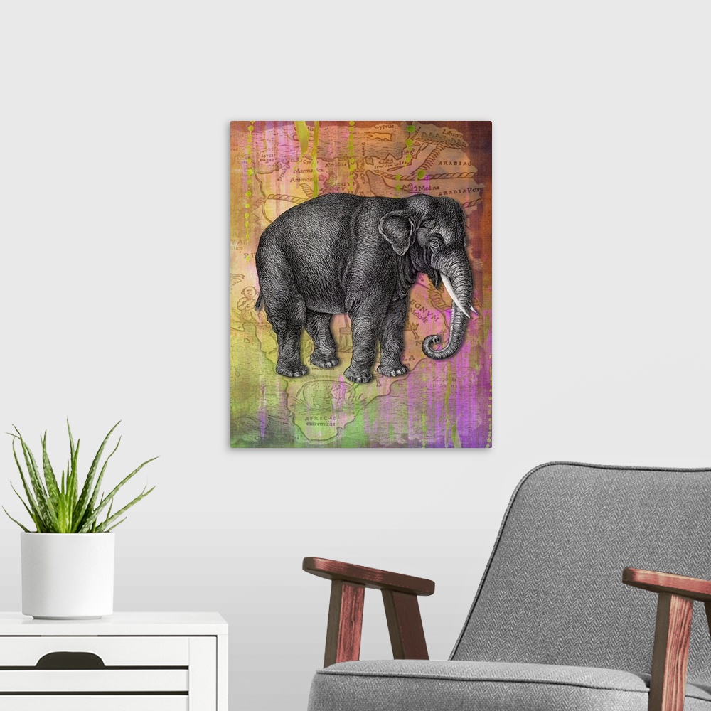 A modern room featuring Colourful vintage effect mixed media elephant print.