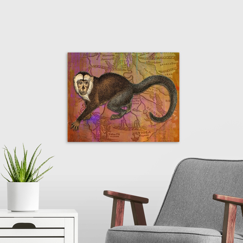 A modern room featuring Colourful vintage effect mixed media monkey print.