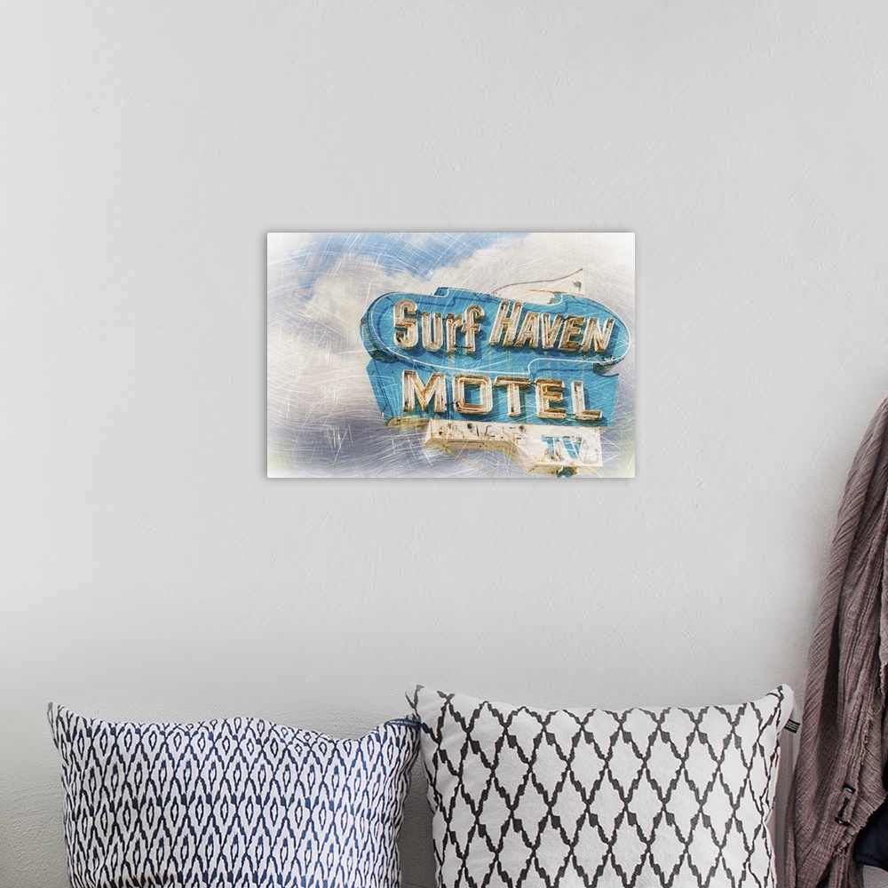 A bohemian room featuring Vintage Surf Motel Sign Distressed