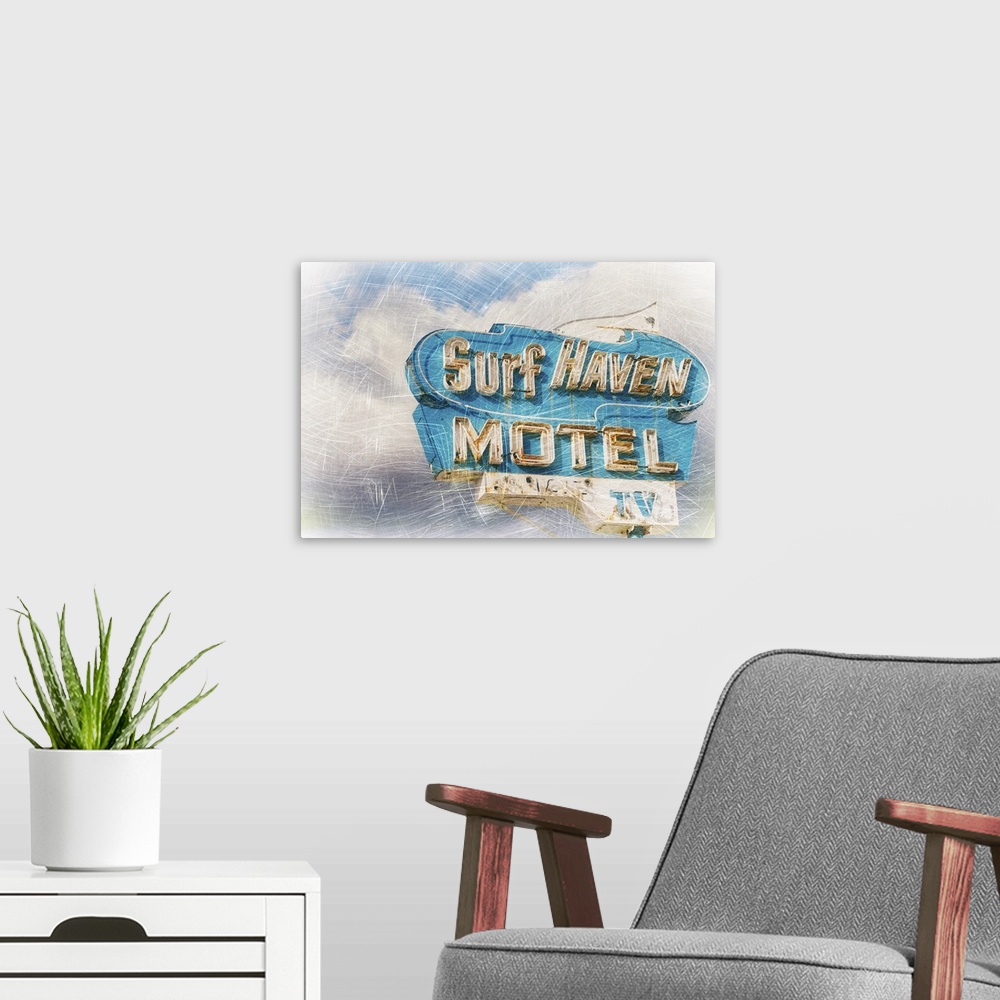 A modern room featuring Vintage Surf Motel Sign Distressed