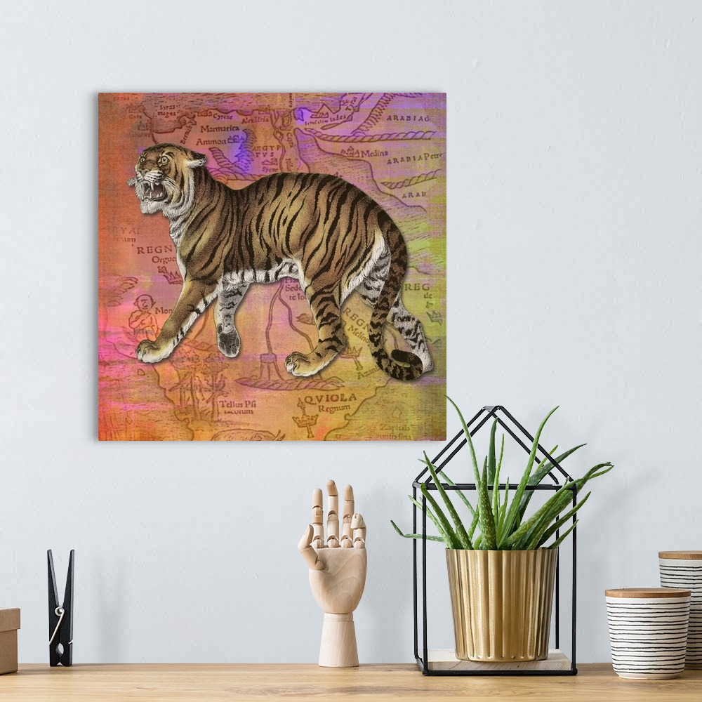 A bohemian room featuring Colourful vintage effect mixed media Tiger print.